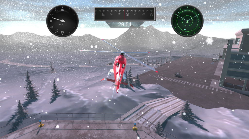 Virtual helicopter flying through snow