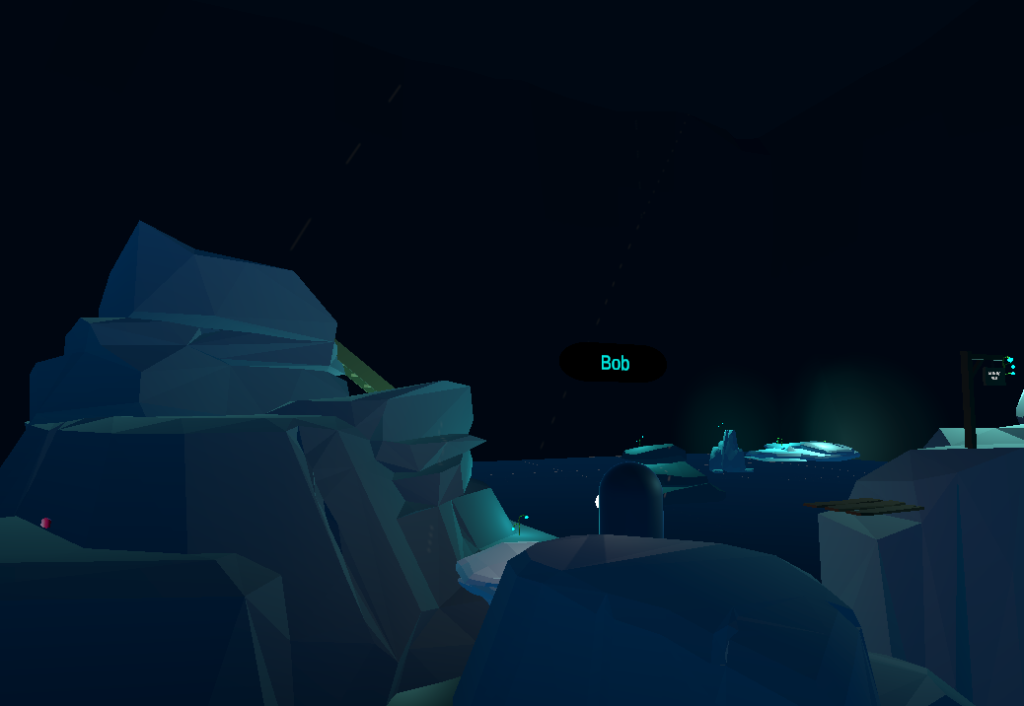 A dark cave with icy mountains and islands with lights illuminating the path.